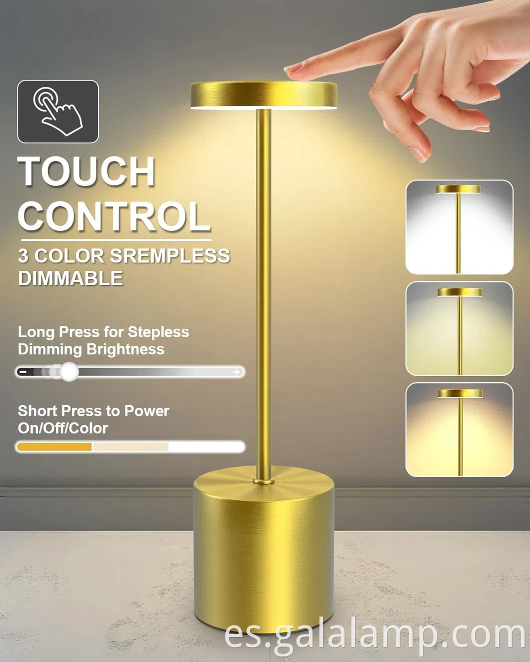 Lámpara de mesa LED con batería recargable - Luz de 3 colores Dimmable